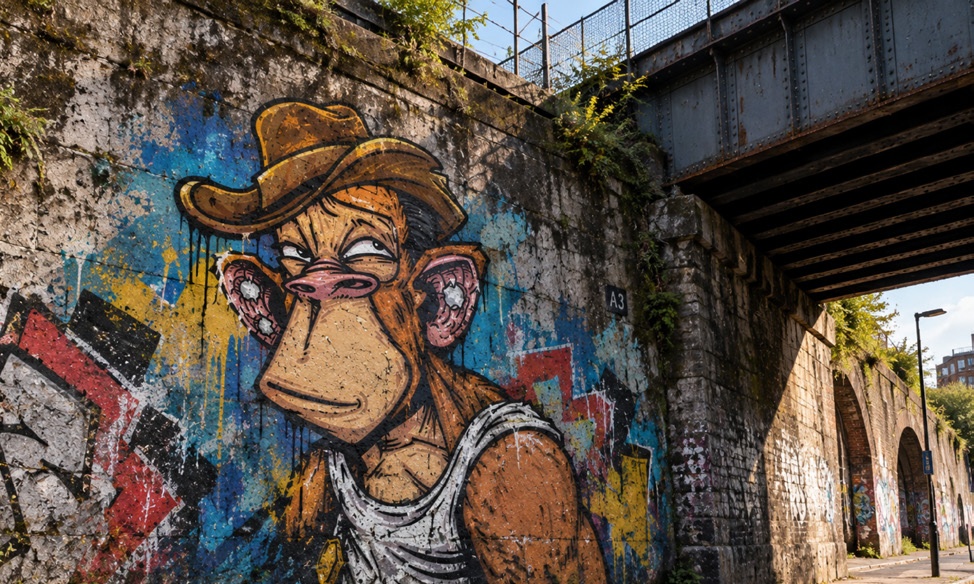 Liquid Ape mural graffiti artwork under urban bridge