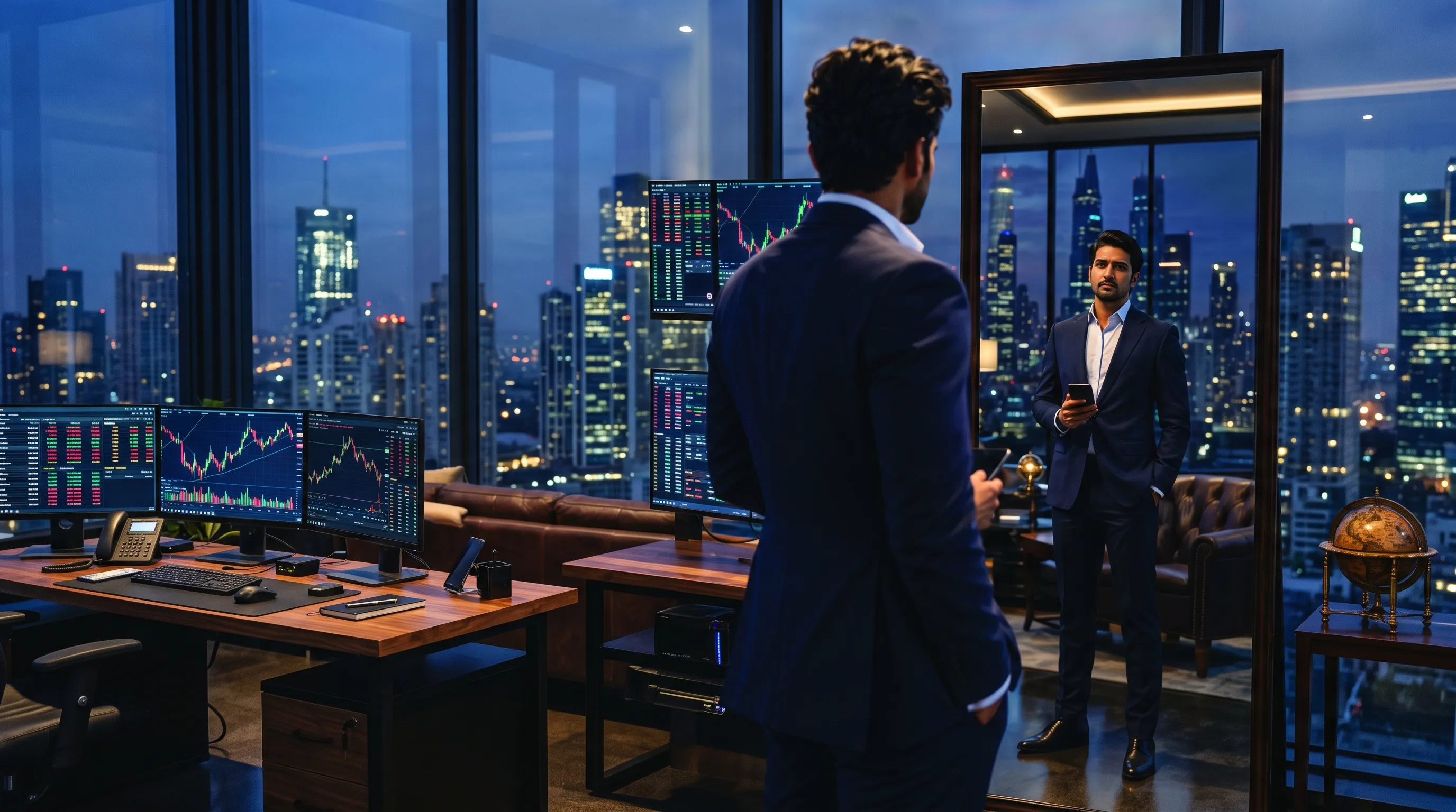 Investor examining his reflection and discipline